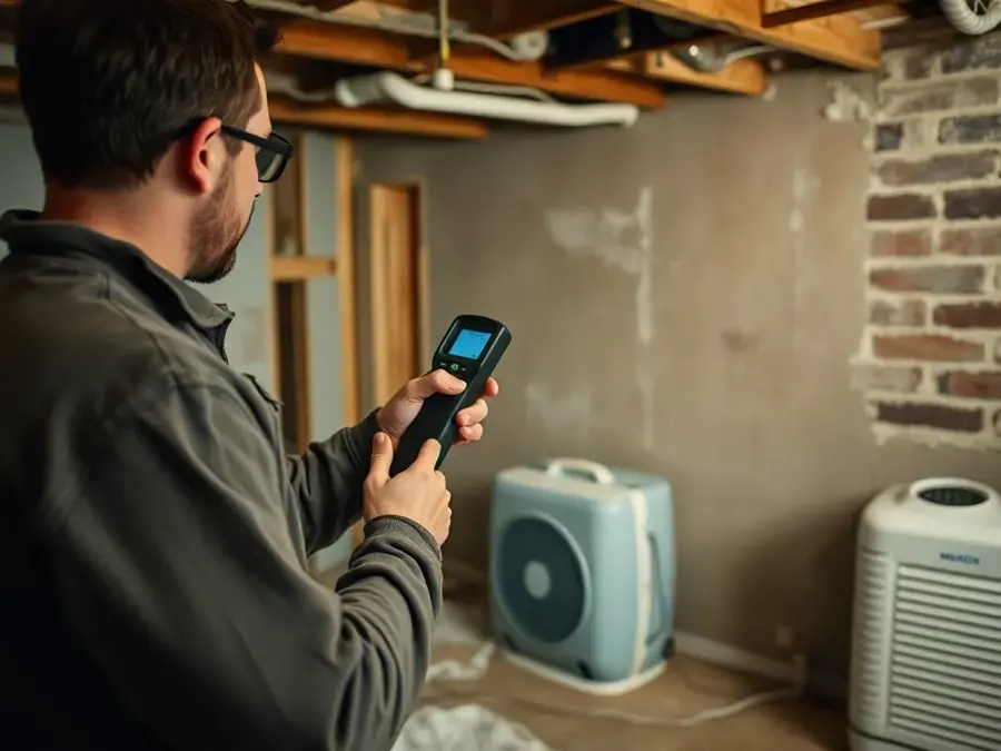 Tech checking a wet basement wall with a moisture meter beside drying equipment