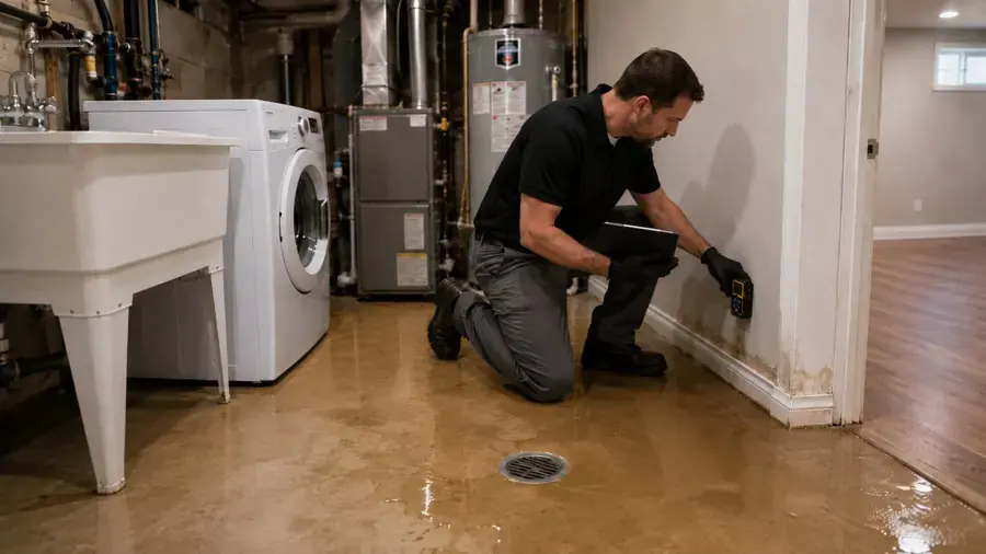Tech checking a wet laundry room wall with a moisture meter near the floor drain