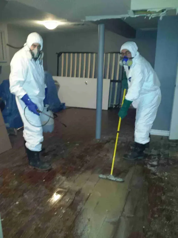Two workers in protective suits cleaning a contaminated basement floor