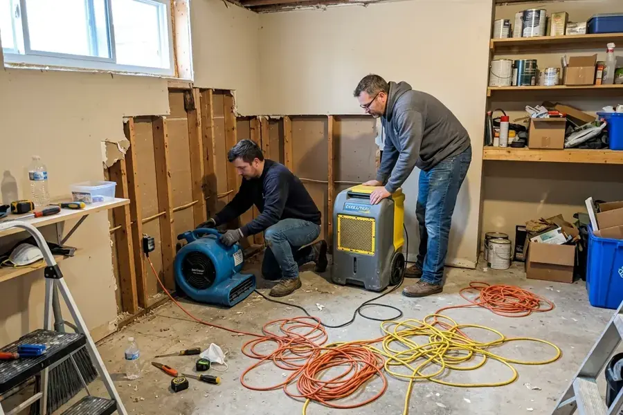 Crew setting an air mover and an LGR dehumidifier in a basement with the lower drywall removed in Ballwin, MO