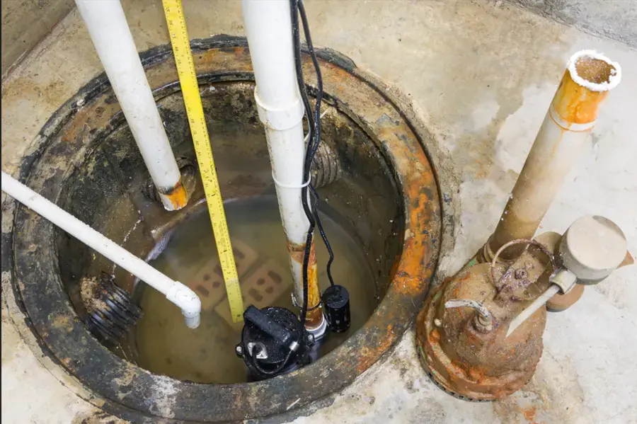 Sump pit full of water around the pump and discharge pipes in a basement floor
