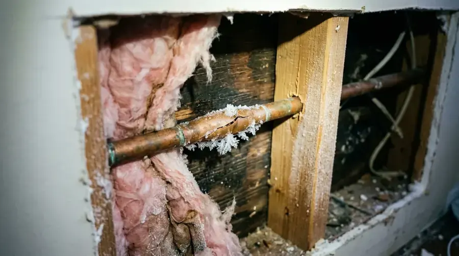 Split copper supply pipe spraying water inside an opened wall cavity with wet insulation