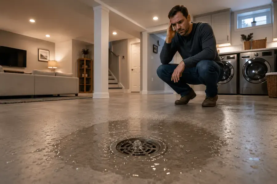 Homeowner looking at water pooled around a finished basement floor drain in west St. Louis County