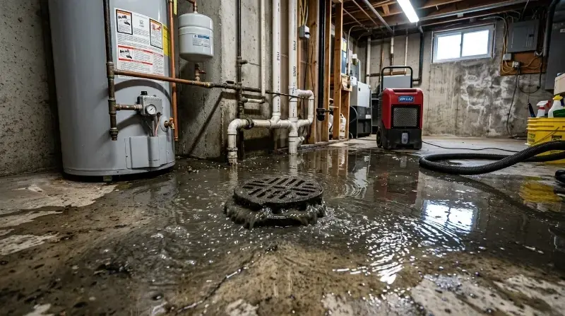Sewage backed up around a basement floor drain beside the water heater in a west St. Louis County house