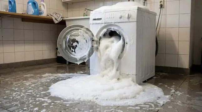 Washing machine overflowing suds and water across a laundry room floor