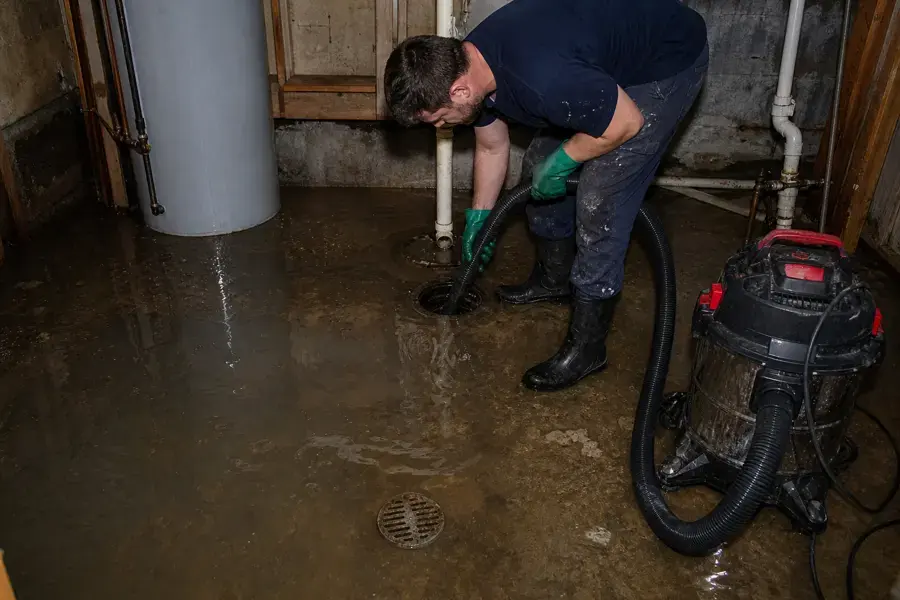 Tech extracting standing water from a flooded basement floor near the drain