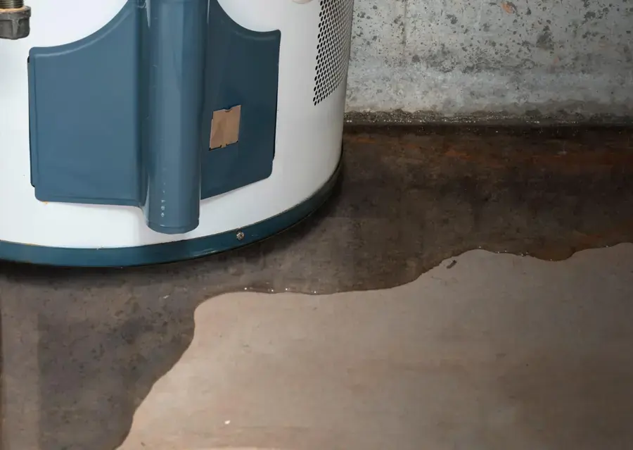 Water spreading across a basement slab from the base of a failed water heater
